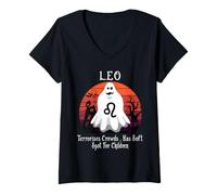 Donna Retro Ghost Zodiac Sign Leo Halloween Costume Maglietta con Collo a V