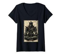Donna Retro Giapponese Anime Samurai Katana Zen Cherry Blossom Art Maglietta con Collo a V