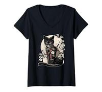 Donna retrò Giapponese Samurai Ninja Cat Kawaii Tattoo Design Maglietta con Collo a V
