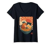 Donna Retro Giapponese Sun Kanagawa Ramen Noodle Otaku Maglietta con Collo a V