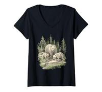 Donna Retro Grizzly Bears Wilderness 1990 Orsi Bruni Boho Vintage Maglietta con Collo a V