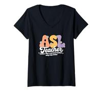 Donna Retro Groovy ASL Insegnante Interprete Americano Lingua dei Segni Maglietta con Collo a V