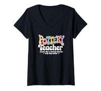Donna Retro Groovy Ceramica Insegnante Ceramica Scultura Arti Scuola Maglietta con Collo a V