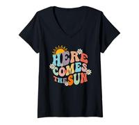 Donna retrò Groovy Here Comes The Sun Beach Summer Mind Positive Mind Maglietta con Collo a V