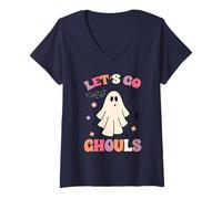 Donna Retro Groovy Let's Go Ghouls Divertente Halloween Fantasma Costumi Maglietta con Collo a V