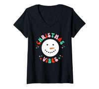 Donna Retro Groovy Merry Vibes Natale Carino Pupazzo di Neve Viso Maglietta con Collo a V