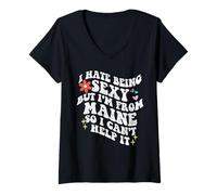Donna Retro Groovy odio Essere Sexy ma vengo da Maine State Girl Maglietta con Collo a V