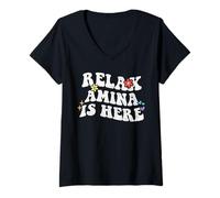 Donna Retro Groovy Relax Amina Is Here Divertente Festa della Mamma Nome Maglietta con Collo a V