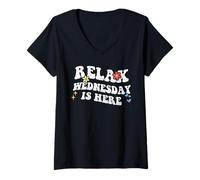 Donna Retro Groovy Relax WEDNESDAY Is Here Funny Mother's Day Nome Maglietta con Collo a V