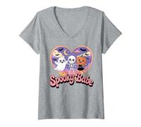 Donna Retro Groovy Spooky Babe Carino Halloween Crew Maglietta con Collo a V