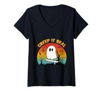 Donna Retro Halloween Creep It Real Vintage Fantasma Halloween Maglietta con Collo a V