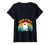 Donna Retro Halloween Creep It Real Vintage Fantasma Halloween Maglietta con Collo a V