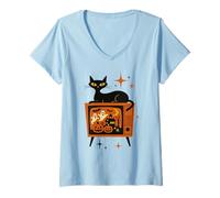 Donna Retro Halloween Gatto Nero TV Fantasma Zucca Vintage Spettrale Maglietta con Collo a V