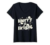 Donna Retro Holiday Cheer Tipografia Vintage Natale Lettering Maglietta con Collo a V