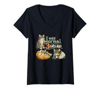 Donna Retro I Was Normal 3 Cats ago Humorous Cat Lovers Owners Maglietta con Collo a V