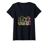 Donna Retro Jazz Saxophone Player Sax Piano Maglietta con Collo a V