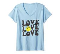 Donna Retro Love Graphic Happy Face Cuore Occhi Sorriso Positività Maglietta con Collo a V
