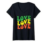 Donna Retro Love Rasta Happy Face Cuore Occhi Groovy Sorriso Face Fun Maglietta con Collo a V