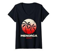 Donna Retro Menorca Spagna Mediterraneo Tramonto Indossare Maglietta con Collo a V