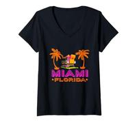 Donna Retro Miami Florida Colorful Lifeguard Tower con Palme Maglietta con Collo a V