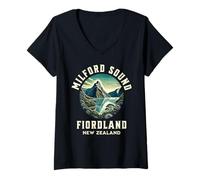 Donna Retro Milford Sound Nuova Zelanda | Fiordland Maglietta con Collo a V