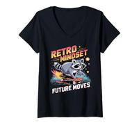 Donna Retro Mindset Future Moves Cool Skateboard Raccoon Maglietta con Collo a V