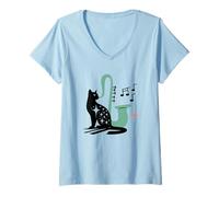 Donna Retro Musical Cat Saxophone Midcentury Modern Mid Century Maglietta con Collo a V
