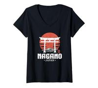 Donna Retro Nagano Giappone Torii Gate Giapponese Kanji Souvenir Maglietta con Collo a V