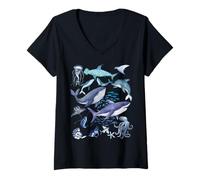 Donna Retro Ocean Wildlife - Shark, Fish & Octopus Vibes Maglietta con Collo a V