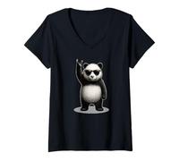 Donna Retro Panda Orso Vintage Rock Rock Gesture Funny Panda Maglietta con Collo a V