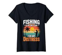 Donna Retro Pesca Terapia Salute Mentale Stress Relief Fisherman Maglietta con Collo a V