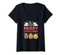 Donna Retro Pixel Natale Emoticon Holiday Cheer Maglietta con Collo a V