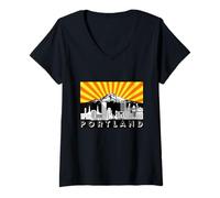 Donna Retro Portland Oregon City Skyline Mount Hood Raggi del Sole Maglietta con Collo a V
