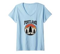 Donna Retro Portland Sunset Mountain Design Vintage Oregon Forest Maglietta con Collo a V