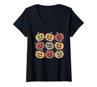 Donna Retro Pumpkin Cute Faces Halloween Fall Maglietta con Collo a V