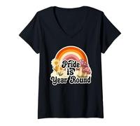 Donna Retro Rainbow Pride is Year Round Daisies Lesbian Pride Maglietta con Collo a V