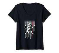 Donna Retro Rock Che Suona la Chitarra Auto, Rock And Roll Art Rock Star Maglietta con Collo a V