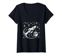 Donna Retro Rocket Adventure - Luna e Stelle dell'esploratore Spaziale Vintage Maglietta con Collo a V