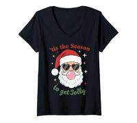 Donna Retro Santa Claus Bubble Gum Tis The Season To Get Jolly Maglietta con Collo a V