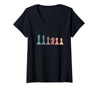 Donna Retro Scacchi Pezzi Gioco Da Tavolo Giocatore di Scacchi Maglietta con Collo a V