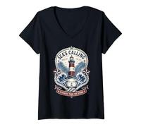 Donna Retro Sea's Calling Sailorcore Fishermencore Maglietta con Collo a V