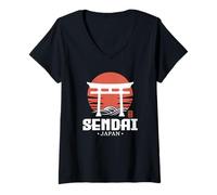 Donna Retro Sendai Giappone Torii Gate Giapponese Kanji Souvenir Maglietta con Collo a V