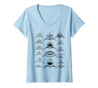 Donna Retro Shark Faces Marine Biologia Oceano Specie Vintage Maglietta con Collo a V