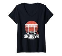 Donna Retro Shibuya Giappone Torii Gate Giapponese Kanji Souvenir Maglietta con Collo a V