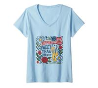Donna Retro Sippin Sweet Tea Liberty Shirt 4 luglio floreale bandiera USA Maglietta con Collo a V