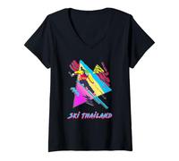 Donna Retro Ski Thailandia Avventura Graphic Sciatore Sci Maglietta con Collo a V