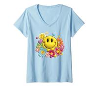 Donna Retro Sorriso Faccia Fiore Potenza Felice Viso Estetica Carino Ragazza Maglietta con Collo a V