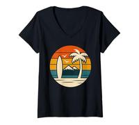 Donna Retro Spiaggia Tramonto Surf Montagna Natura Amante Surfer Maglietta con Collo a V