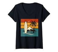 Donna Retro Spiaggia Tramonto Surf Montagna Natura Amante Surfer Maglietta con Collo a V