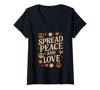 Donna Retro Spread Peace And Love Camicia Hippie 70s Vintage Donna Maglietta con Collo a V